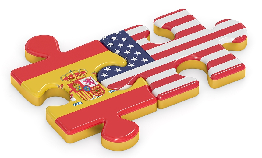 USA and Spain puzzles from flags relation concept. 3D rendering