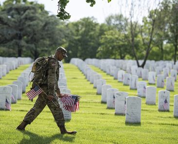 Soldiers from the 3d U.S. Infantry Regiment (The Old Guard) place U.S. flags at headstones as part of Flags-In at Arlington National Cemetery, Arlington, Virginia, May 23, 2019. For more than 55 years, soldiers from the Old Guard have honored our nation’s fallen heroes by placing U.S. flags at gravesites for service members buried at both Arlington National Cemetery and the U.S. Soldiers’ and Airmen’s Home National Cemetery just prior to the Memorial Day weekend. Within four hours, over 1,000 soldiers place 245,000 flags in front of every headstone and Columbarium and niche wall column. (U.S. Army photo by Elizabeth Fraser / Arlington National Cemetery)