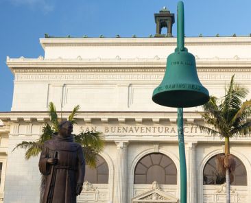 Father Junipero Serra statue in front of Ventura or San Buenaventura city hall in California