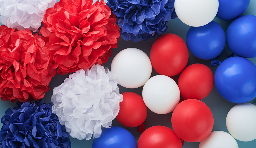 4th Of July Background. Usa Paper Fans, Red, Blue, White Stars,