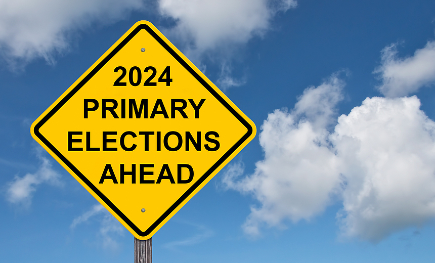 2024 Primary Elections Ahead Caution Sign - Blue Sky Background