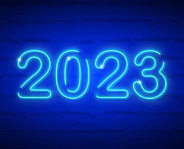 2023 New Year glowing blue neon signboard on brick wall. Vector illustration Happy New Year neon realistic sign banner, fashion design