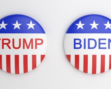 Bengkulu, Indonesia - October 02, 2020: Vote election campaign badge button Trump Biden on white background, 3D rendering illustration.