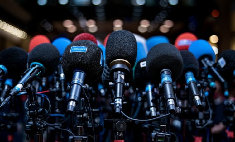 Press conference podium surrounded by media microphones