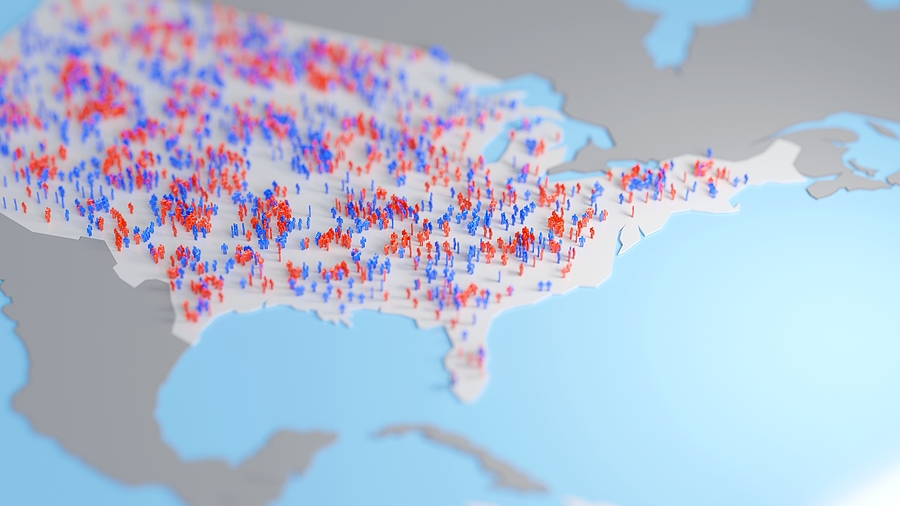 Red And Blue Simple Human Figures Over A Us Map, Representing Re