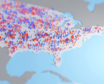 Red and blue simple human figures over a US map, representing republican and democratic voters. Digital 3D rendering.