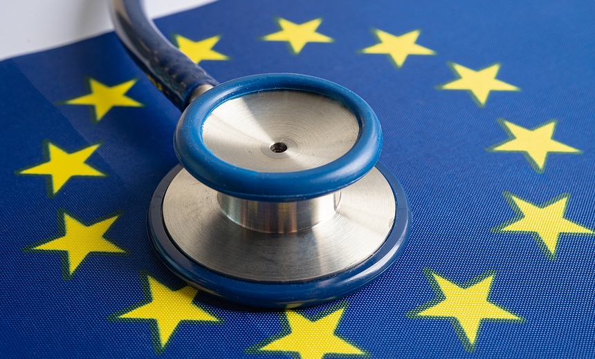 Stethoscope on EU flag background, Business and finance concept.